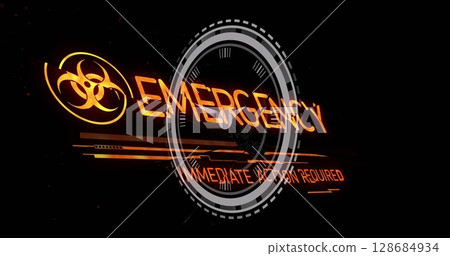Image of biohazard symbol and emergency text over clock Image of biohazard symbol and emergency text over clock 128684934