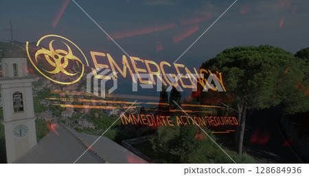 Image of biohazard symbol and emergency text over cityscape Image of biohazard symbol and emergency text over cityscape 128684936