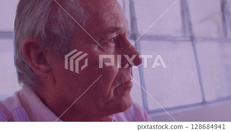 Image of grey texture moving over devastated caucasian senior man Image of grey texture moving over devastated caucasian senior man 128684941