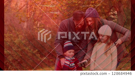 Image of red heart shape over caucasian family outside Image of red heart shape over caucasian family outside 128684946