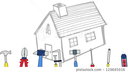 Image of tool icons over house drawing Image of tool icons over house drawing 128685016