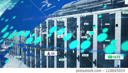 World map and digital icons with increasing numbers against computer server room 128685024