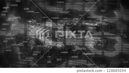 Nft text banner and business concept icons forming a globe against security chain icon 128685034