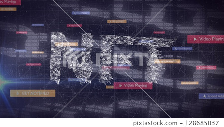 Nft text banner and social media icons against network of connections and security chain icon 128685037