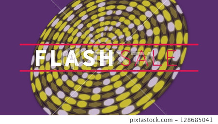 Flash sale text banner over led stripes in circular shape against purple background 128685041