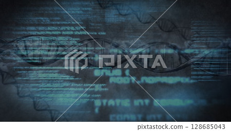 Data processing over spinning dna structures against grey background Data processing over spinning dna structures against grey background 128685043