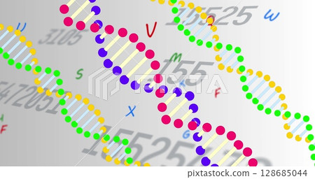 Colorful dna structures spinning against multiple changing numbers on grey background Colorful dna structures spinning against multiple changing numbers on grey background 128685044