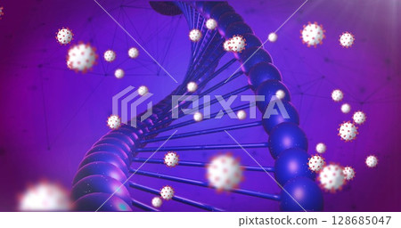 Covid-19 cells floating over dna structure and network of connections against purple background 128685047