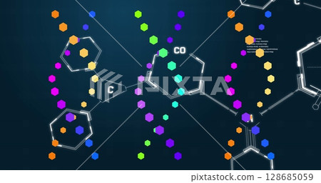Colorful dna structures spinning over chemical structures against blue background Colorful dna structures spinning over chemical structures against blue background 128685059