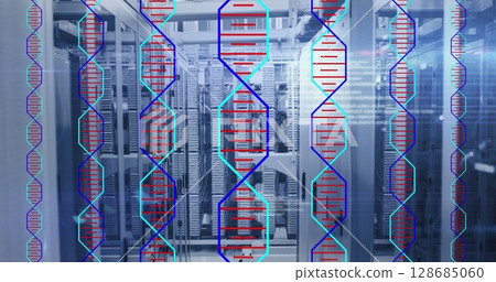 Image of dna strands over server room and data processing Image of dna strands over server room and data processing 128685060