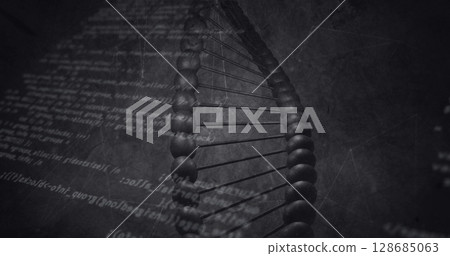 Data processing over dna structure spinning and network of connections against grey background 128685063