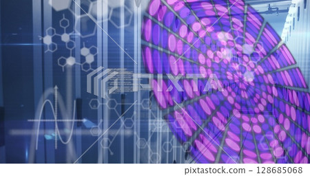 Medical data processing over purple glowing abstract circular shape against computer server room 128685068
