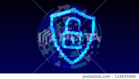 Security padlock and shield icon over blue abstract circular shape spinning against blue background 128685086