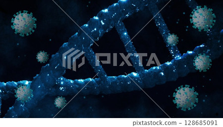 Covid-19 cells floating over dna structure spinning against blue background 128685091