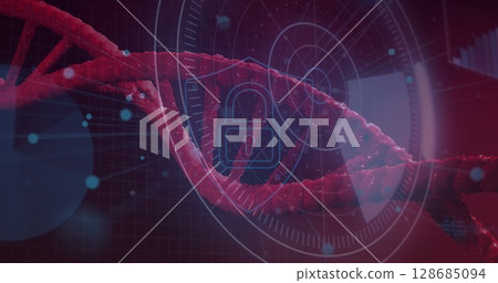 Round scanner and security padlock and shield icon against spinning dna structure 128685094