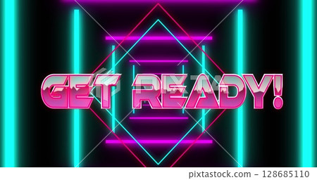 Image of get ready text over moving shapes on black background 128685110