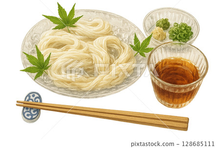 Cool summer taste | Watercolor illustration of somen noodles and condiments 128685111