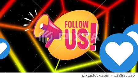 Image of follow us text over moving shapes on black background Image of follow us text over moving shapes on black background 128685150