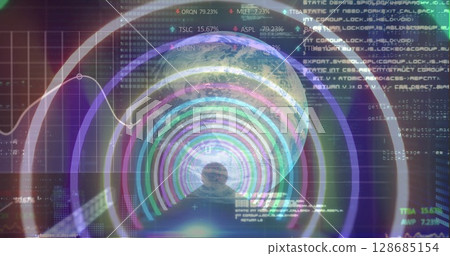 Image of data processing and globe on black background Image of data processing and globe on black background 128685154