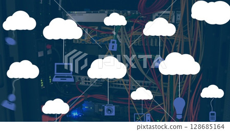 Image of clouds icons with media icons over server room 128685164