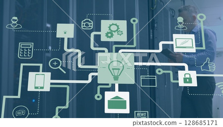 Image of media icons over caucasian male worker inspecting server room Image of media icons over caucasian male worker inspecting server room 128685171