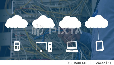 Image of media icons over caucasian male worker inspecting server room Image of media icons over caucasian male worker inspecting server room 128685173