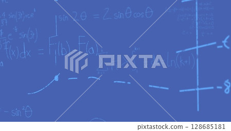Image of mathematical equations on blue background 128685181