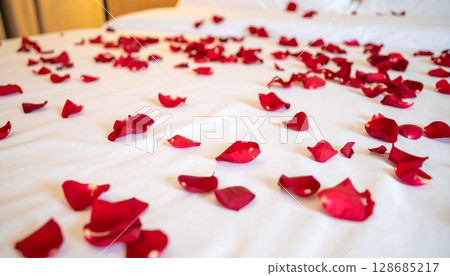 Romantic bed with falling rose petals Romantic bed with falling rose petals 128685217