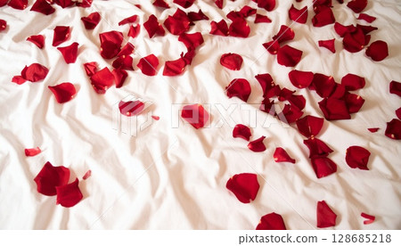Romantic bed with falling rose petals 128685218