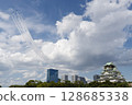 Osaka Castle and Blue Impulse 128685338
