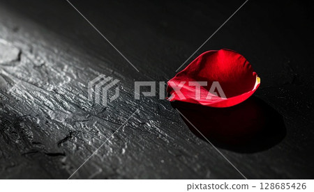 A single rose petal stands out against a black background 128685426