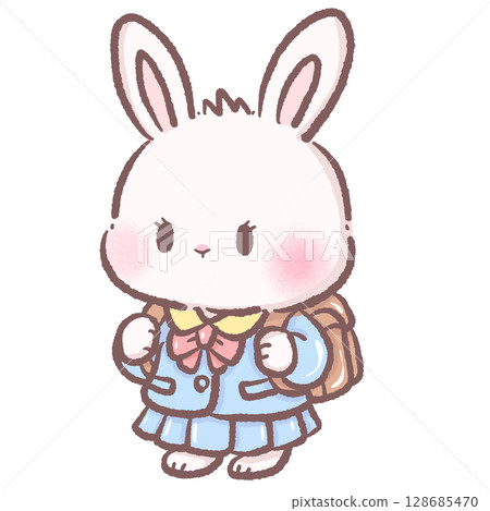 Cute cartoon bunny wearing school uniform and backpack kawaii white rabbit character ready for school adorable animal student perfect for back to school kids education illustration theme design Cute cartoon bunny wearing school uniform and backpack kawaii white rabbit character ready for school adorable animal student perfect for back to school kids education illustration theme design 128685470
