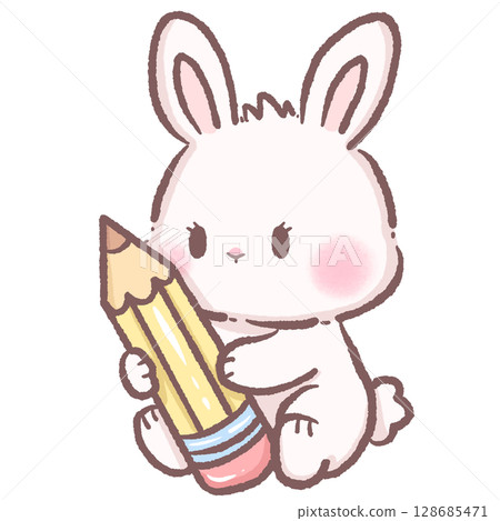 Adorable cartoon bunny hugging giant pencil kawaii white rabbit character with cute expression perfect for back to school art supplies stationery kids education theme illustration drawing concept 128685471