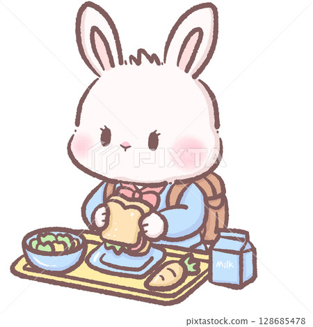 Cute cartoon bunny student eating a lunch sandwich at a cafeteria adorable white rabbit character learning education theme perfect for kids school illustrations 128685478