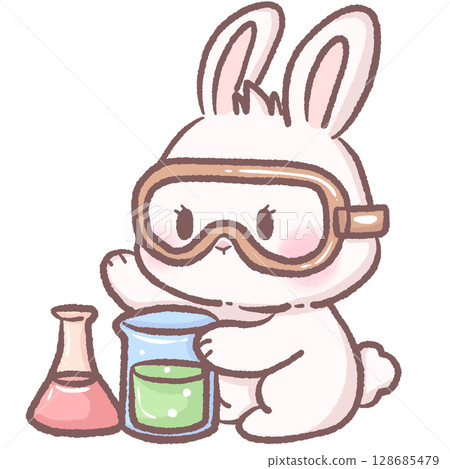 Cute cartoon bunny wearing safety goggles doing science experiment with colorful beakers kawaii white rabbit character learning chemistry perfect for kids education school lab illustration theme 128685479