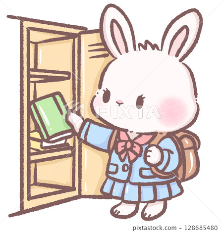 Cute cartoon bunny student wearing a school uniform getting a book from a locker adorable white rabbit character learning education theme perfect for kids school illustrations 128685480