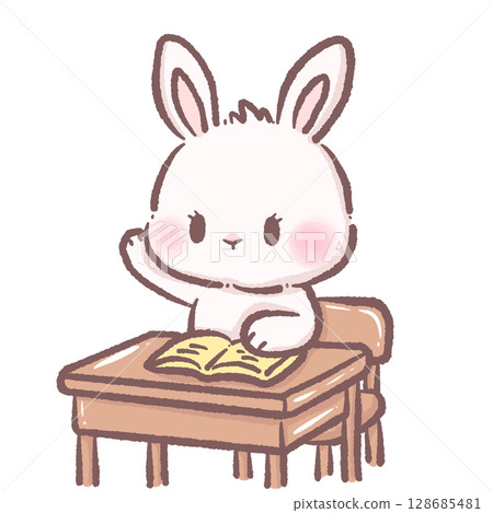 Cute cartoon bunny student sitting at wooden school desk raising hand with open book in classroom scene adorable white rabbit character learning education theme perfect for kids school illustrations 128685481