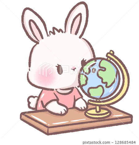 Cute cartoon bunny studying geography on a globe earth adorable white rabbit character learning education theme perfect for kids school illustrations 128685484