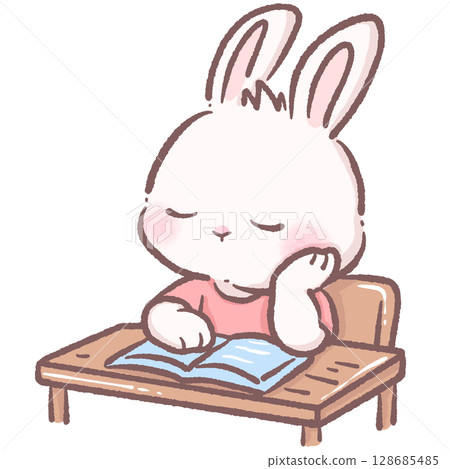 Cute cartoon bunny student sitting at wooden school desk dosing off with open book in classroom scene adorable white rabbit character learning education theme perfect for kids school illustrations 128685485