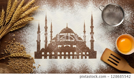 A silhouette of a mosque with minarets and a dome, subtly revealed through a dusting of flour on a textured surface	 128685542