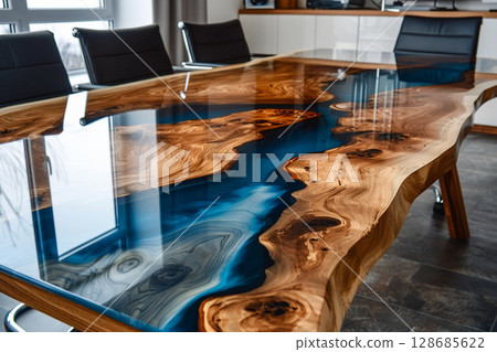 Modern epoxy resin and wood conference table in stylish office interior. Unique live edge design with blue river effect 128685622