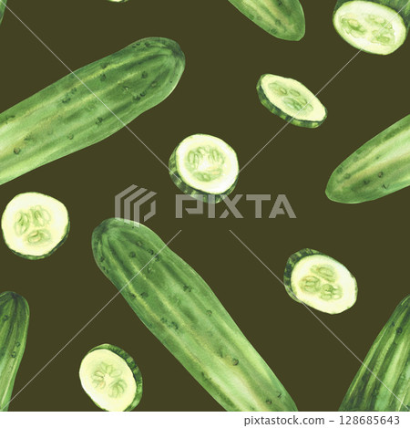 Cucumber watercolor seamless pattern. Whole long green vegetable and sliced in circles, slices Clipart for fresh food packaging, kitchen textile print on isolated dark background painted illustration. Cucumber watercolor seamless pattern. Whole long green vegetable and sliced in circles, slices Clipart for fresh food packaging, kitchen textile print on isolated dark background painted illustration. 128685643