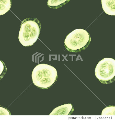 Sliced cucumber slices seamless pattern. Fresh vegetable, cut cucumber circles with seeds. Hand painted watercolor illustration for fabric, food labelling, wallpaper on Isolated dark green background Sliced cucumber slices seamless pattern. Fresh vegetable, cut cucumber circles with seeds. Hand painted watercolor illustration for fabric, food labelling, wallpaper on Isolated dark green background 128685651