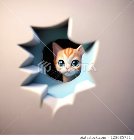 棕色虎斑小貓從洞裡偷看 128685731