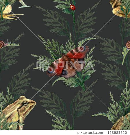 Seamless pattern on a dark green background with forest animals and insects and leaves. Watercolor illustration of a butterfly, frog, snail and ladybug surrounded by leaves. 128685820