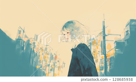 夜晚的城市和孤獨的女人的水彩插圖 夜晚的城市和孤獨的女人的水彩插圖 128685938