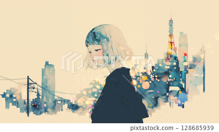 Watercolor illustration of a night city and a lonely woman 128685939