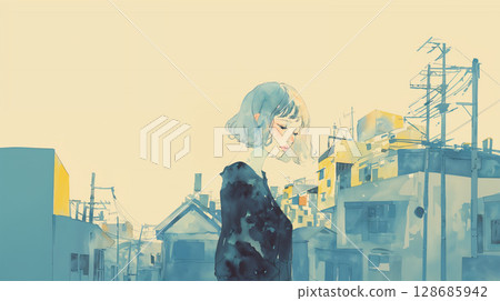 夜晚的城市和孤獨的女人的水彩插圖 128685942