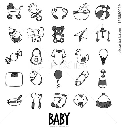 Baby Related Doodle vector icon set. Drawing sketch illustration hand drawn line eps10 128686019