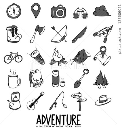Adventure Related Doodle vector icon set. Drawing sketch illustration hand drawn line eps10 128686021
